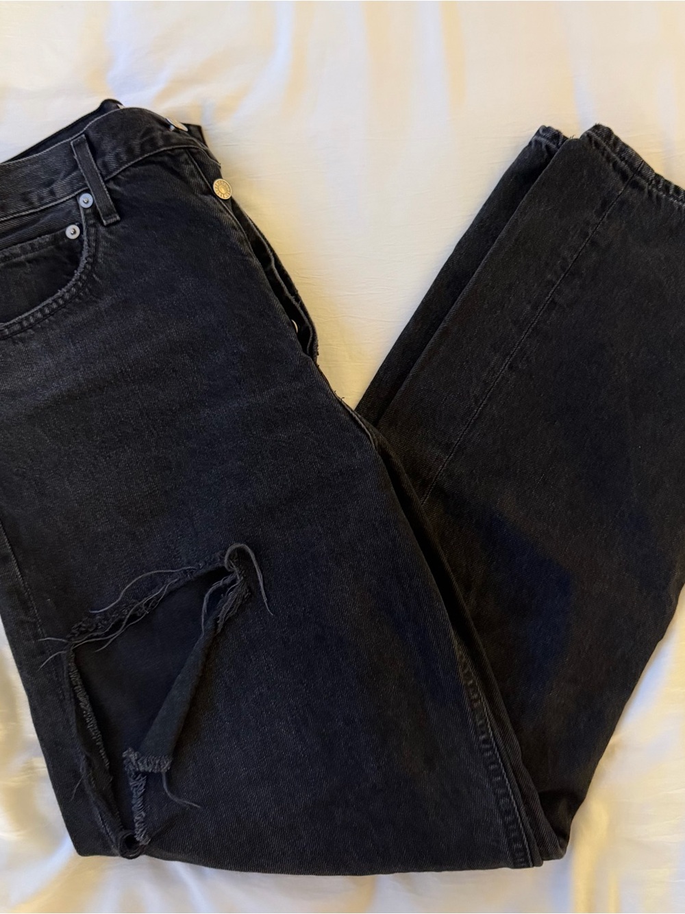 Agolde Black Relaxed Straight-Leg Jeans with Distressed Knee